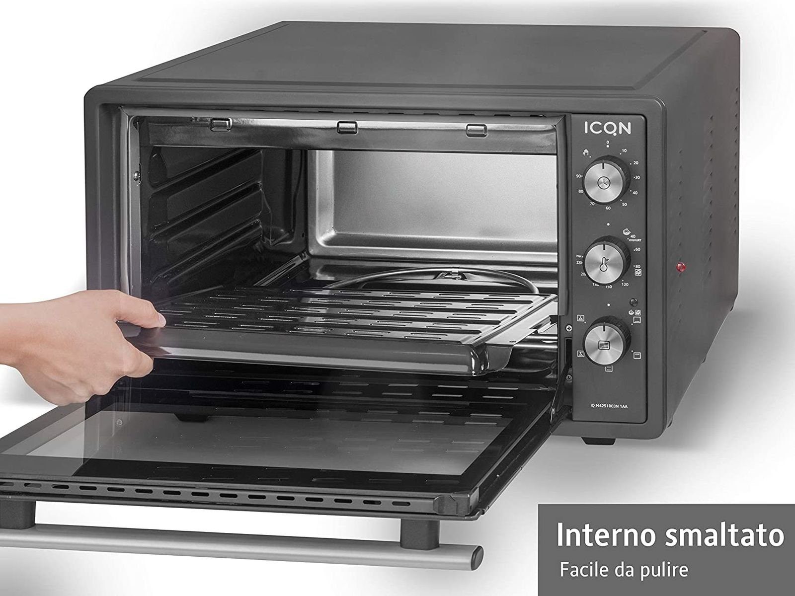 ICQN Minibackofen 42 Liter mit Umluft, Emailliert, 1300 W, inkl. Backblech Set, Umluft, Pizza-Ofen, Doppelverglasung, Timer, Mini Ofen, 40°-230°C
