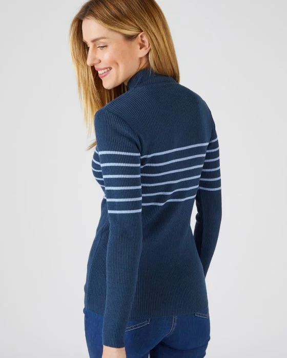 Pull col montant, 50% laine mérinos, uni et rayé