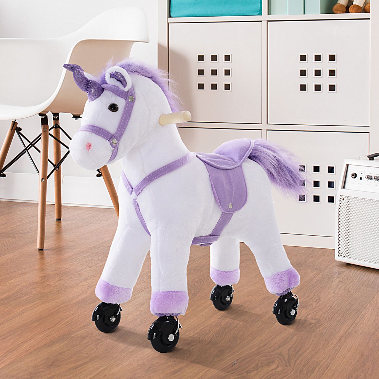 HOMCOM Reitpferd auf Rollen Spielpferd Reittier Fortbewegung Wiehern Plüsch Lila 55 x 23 x 60 cm