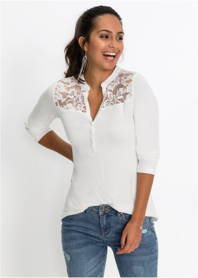 Henleyshirt mit Spitzeneinsatz