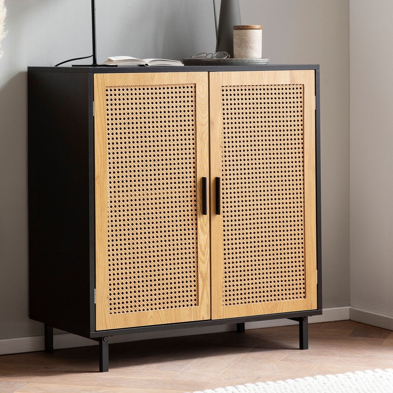 Wohnling Sideboard 80 cm Anrichte Kommodenschrank Schwarz mit Wiener Geflecht