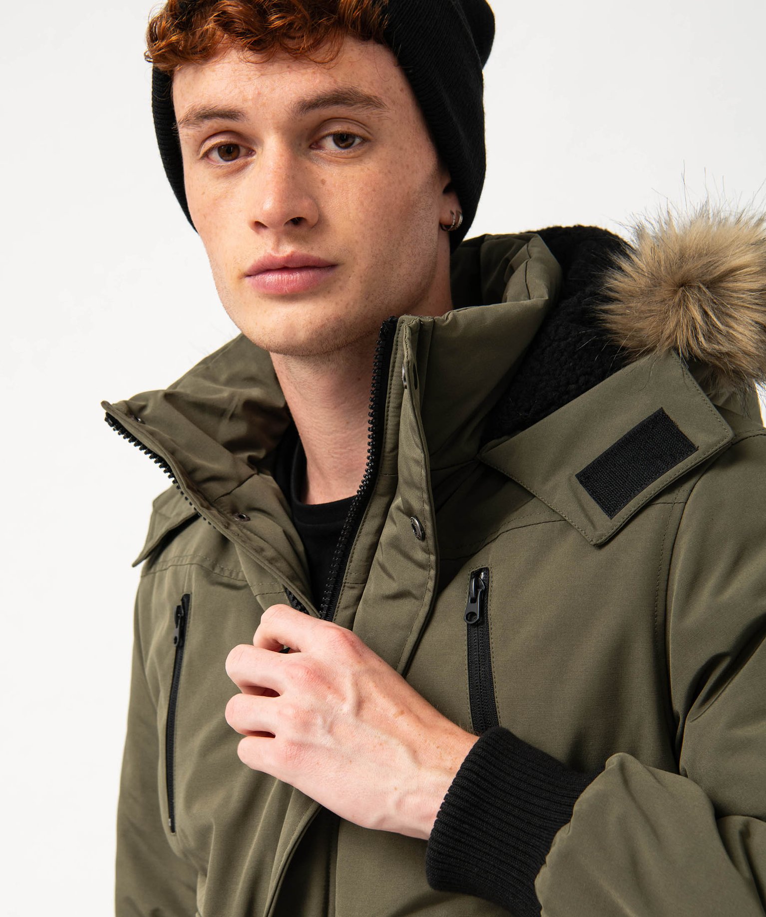 Blouson matelassé à capuche bordée de fourrure imitation ... kaki | GEMO