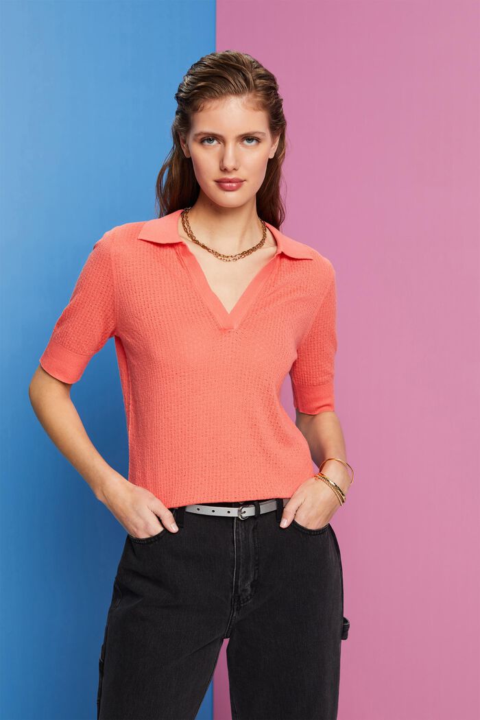 Pointelle-Pullover mit Polokragen, Seidenmix