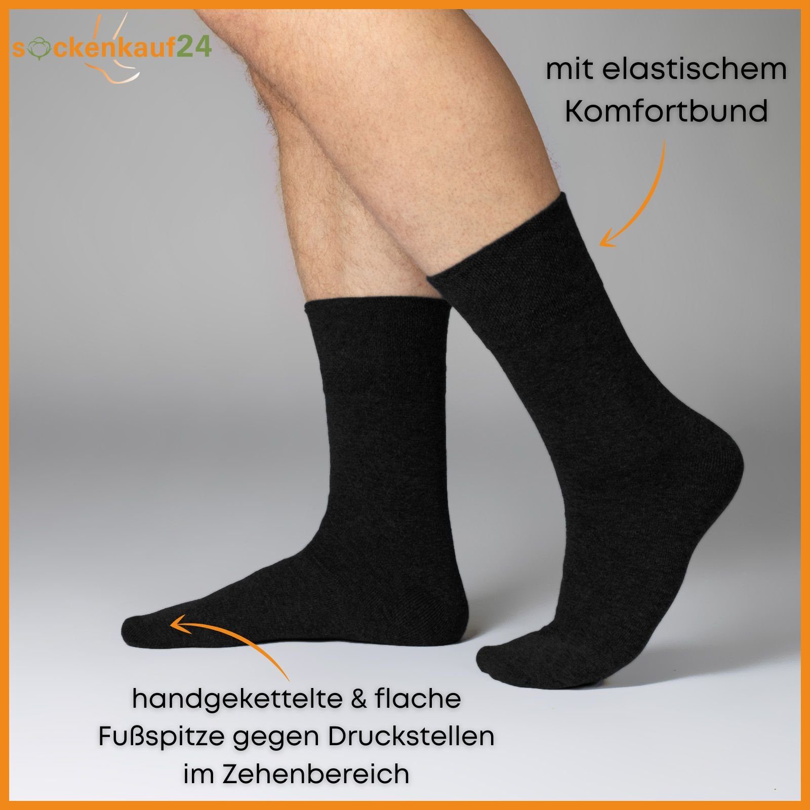 sockenkauf24 Diabetikersocken 6 Paar Damen & Herren Socken mit Komfortbund (Schwarz, 39-42) ohne Gummi & ohne Naht 97% Baumwolle - 26806 WP