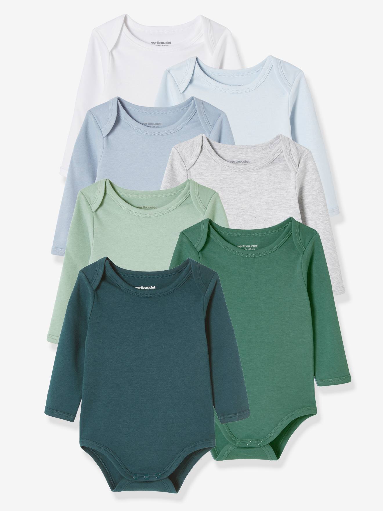 Lot de 7 bodies manches longues ouverture US bébé BASICS lot vert grisé