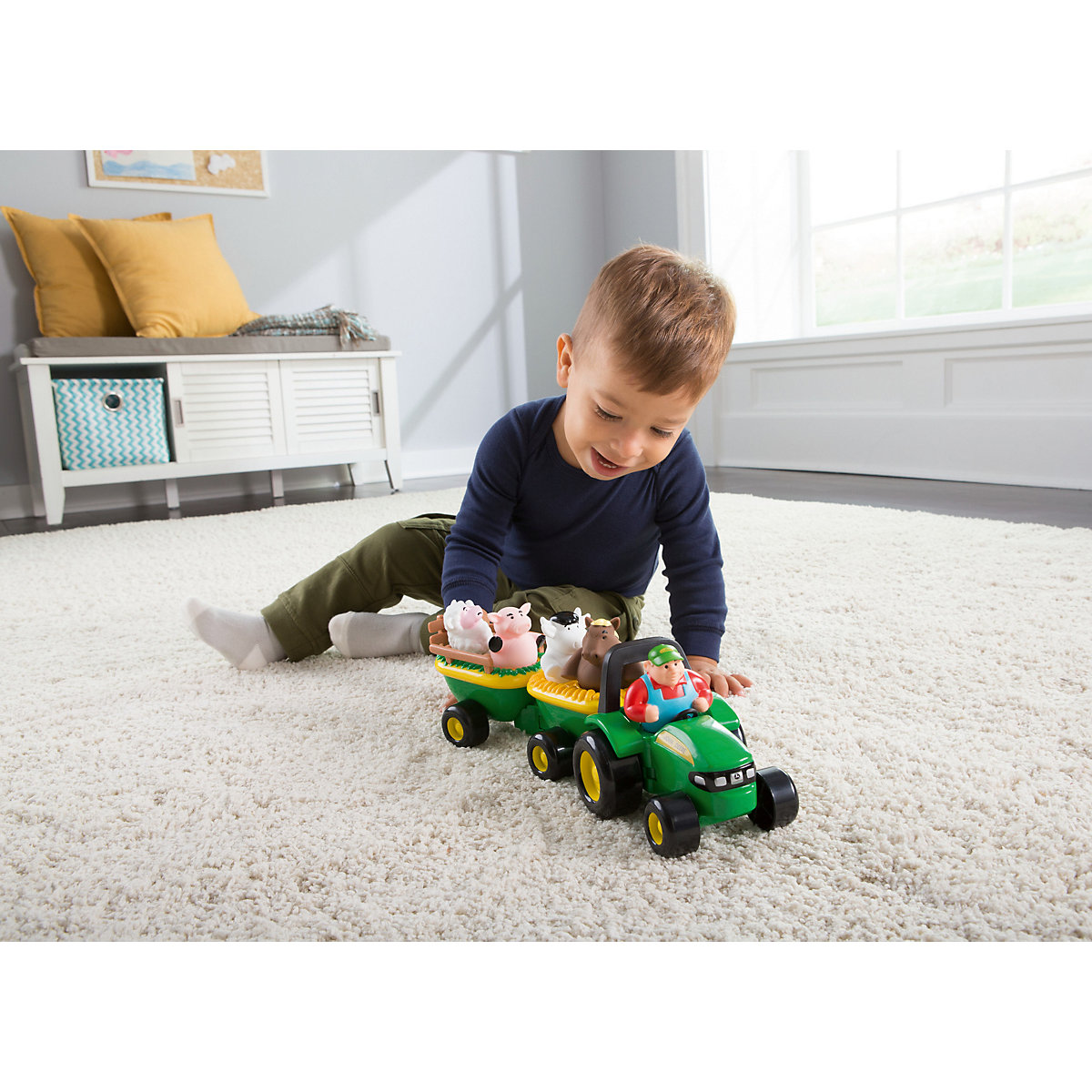 John Deere Heuwagen mit lustigen Tiergeräuschen