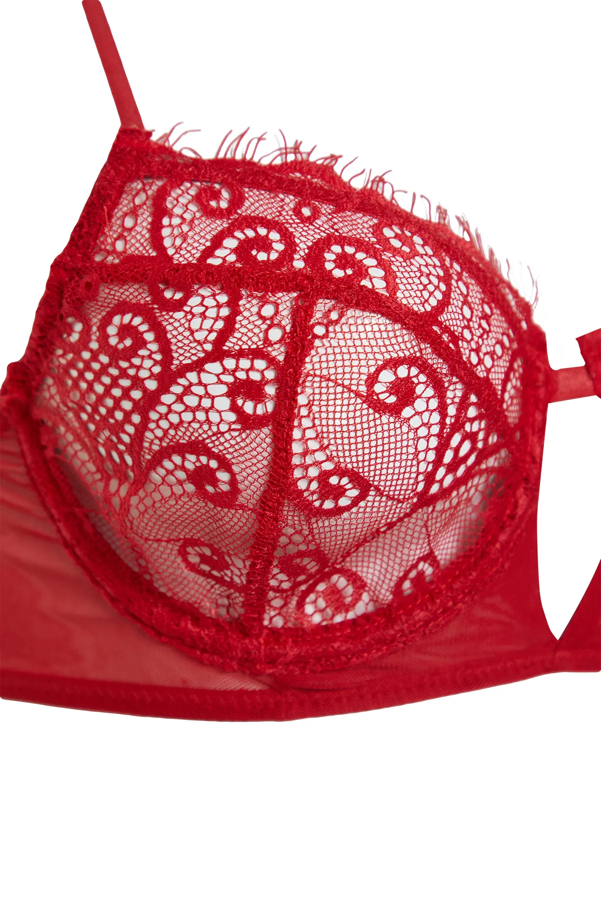 Trendyol Collection  Rotes, kappenloses Dessous-Set aus Strick mit Spitzenbesatz und Seilriemen THMSS24CC00025