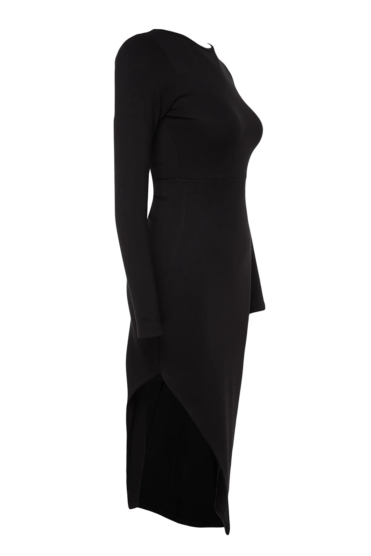 Trendyol Collection  Schwarzes, figurbetontes Midi-Strickkleid mit tiefem Schlitz und Rundhalsausschnitt TWOAW24EL00549