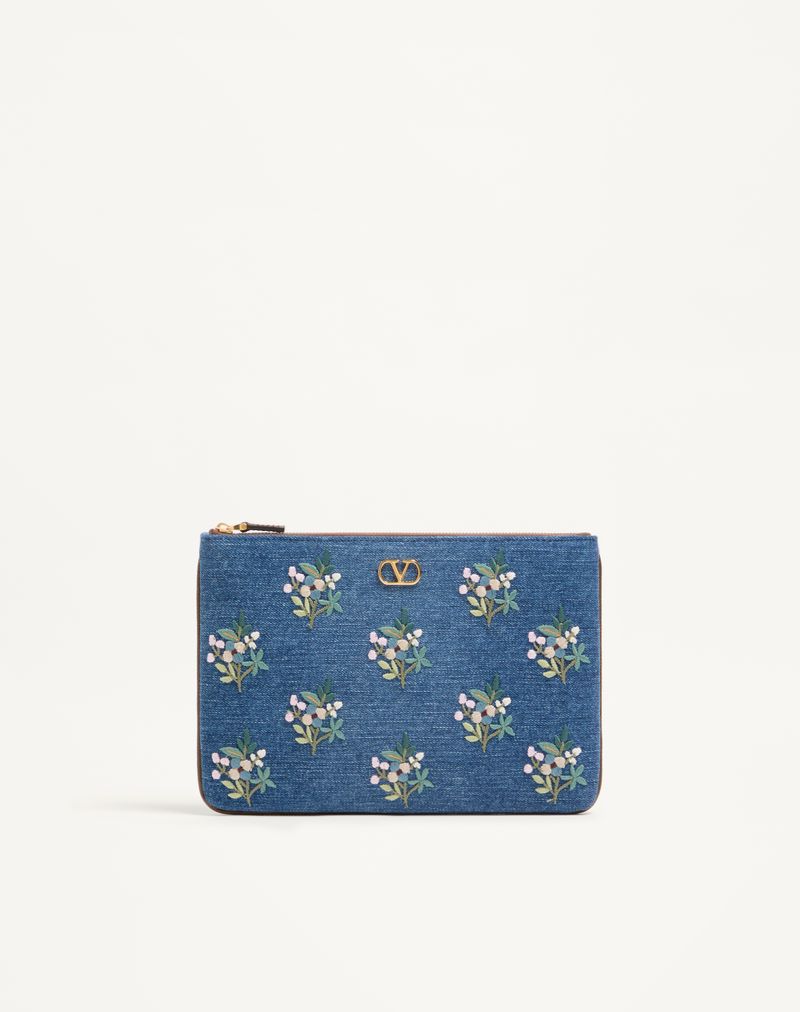 Valentino Garavani VLogo Signature clutch taske i denim med blomsterbroderi