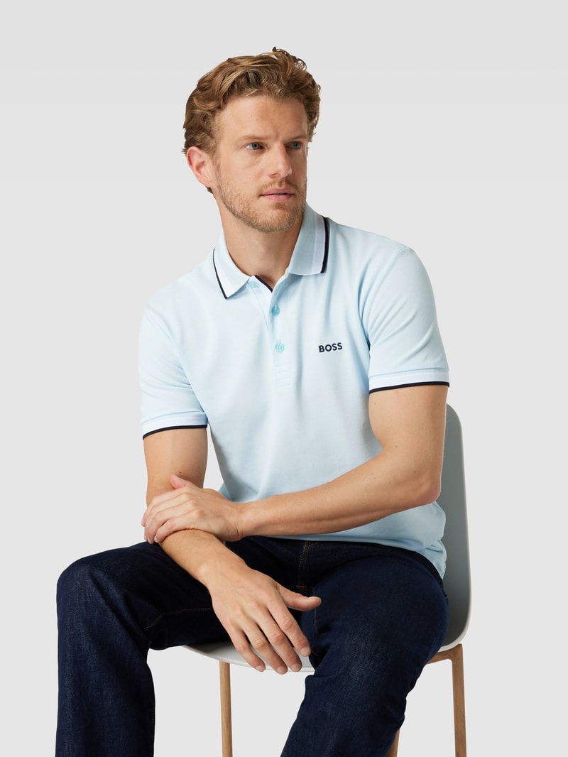 Poloshirt mit Label-Stitching Modell 'PADDY' in hellblau meliert