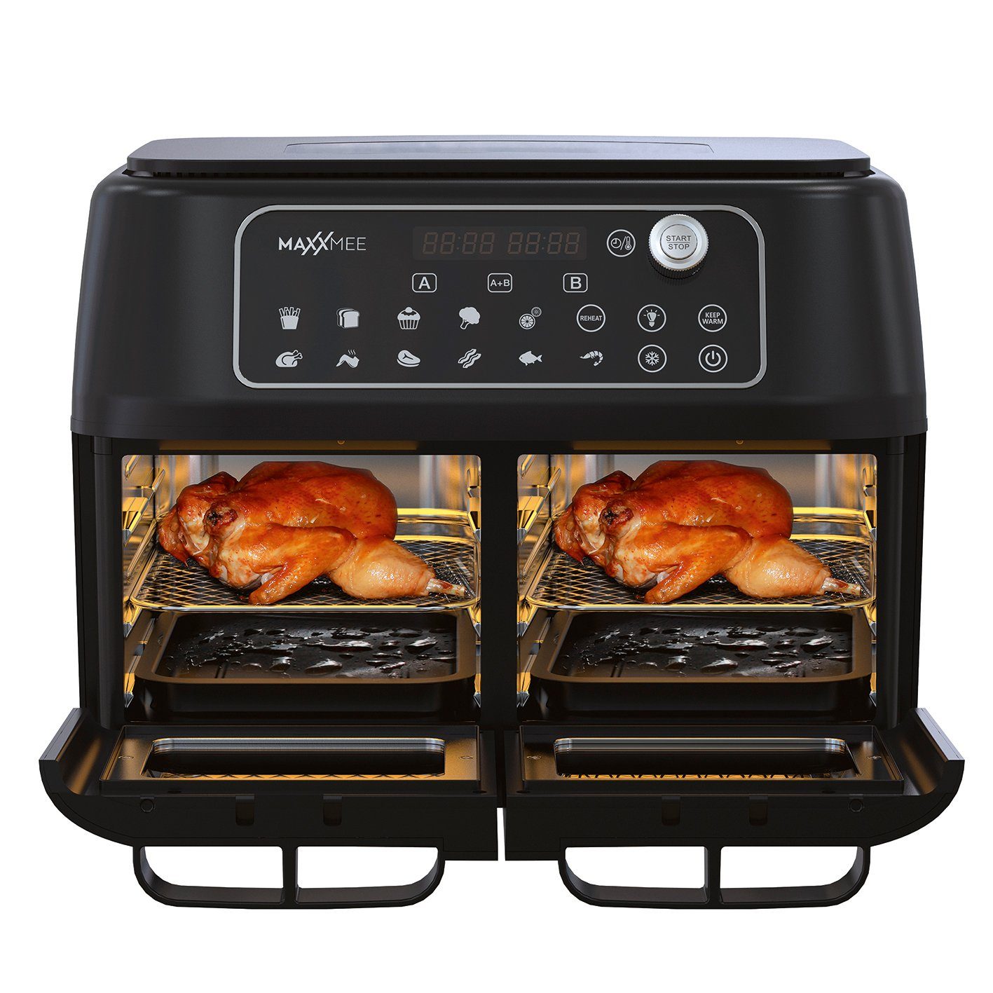 MAXXMEE Heißluftfritteuse Doppelkammer 11L 2 x 5,5l digitale Bedienung & Sichtfenster, 2400,00 W, besonders fettarm