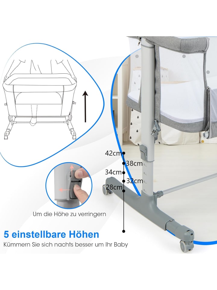 COSTWAY Beistellbett Babywippe mit Matratze 3 in 1 in Grau günstig kaufen onesize