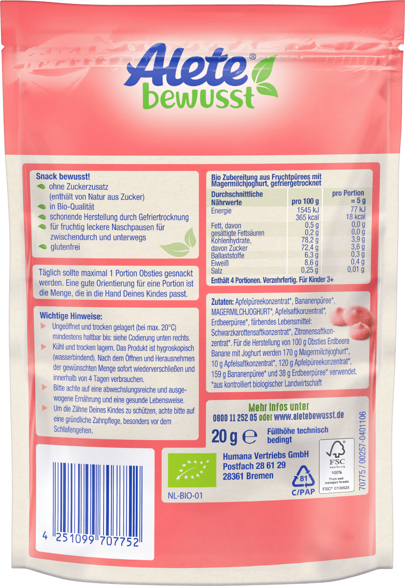 Kindersnack Obsties Erdbeer-Banane mit Joghurt, ab 3 Jahren, 20 g