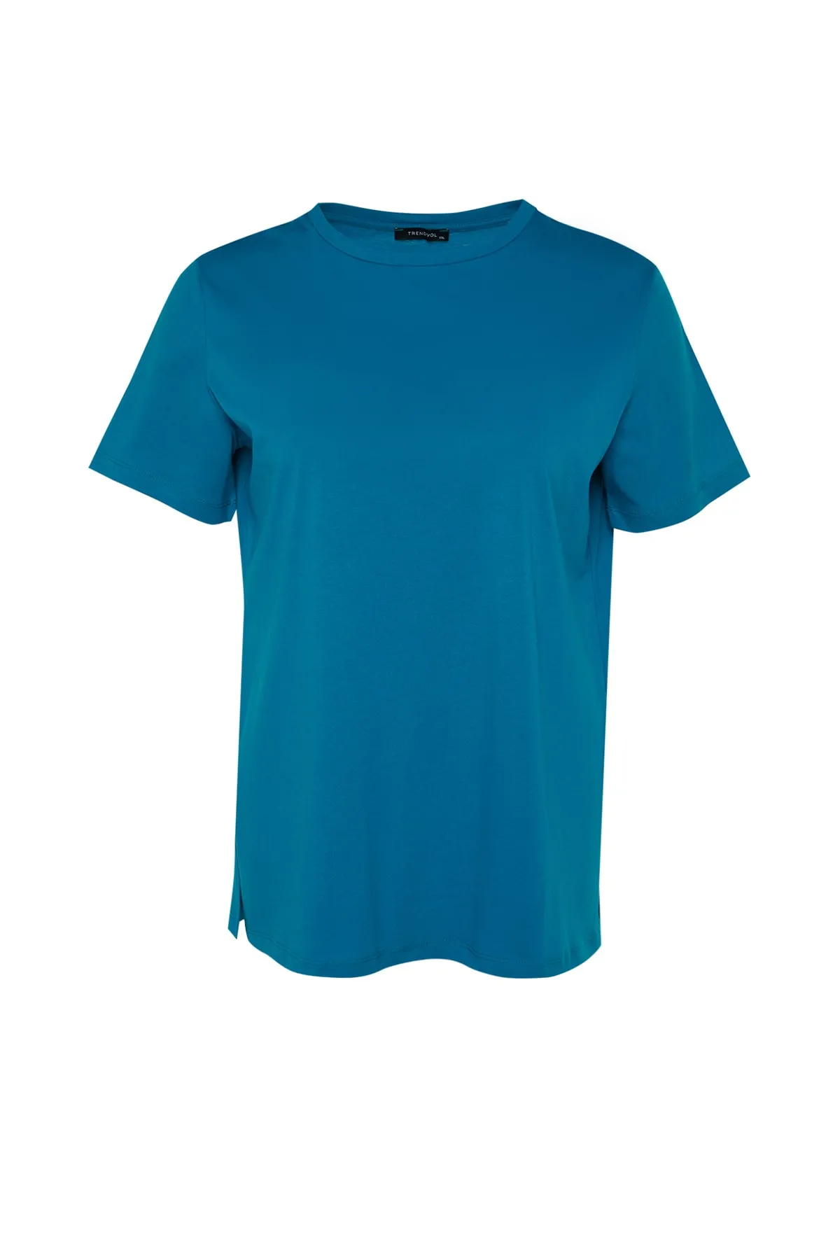 Trendyol Curve  Petrolfarbenes Boyfriend-Strick-T-Shirt mit Rundhalsausschnitt und Schlitz TBBSS22BF0031