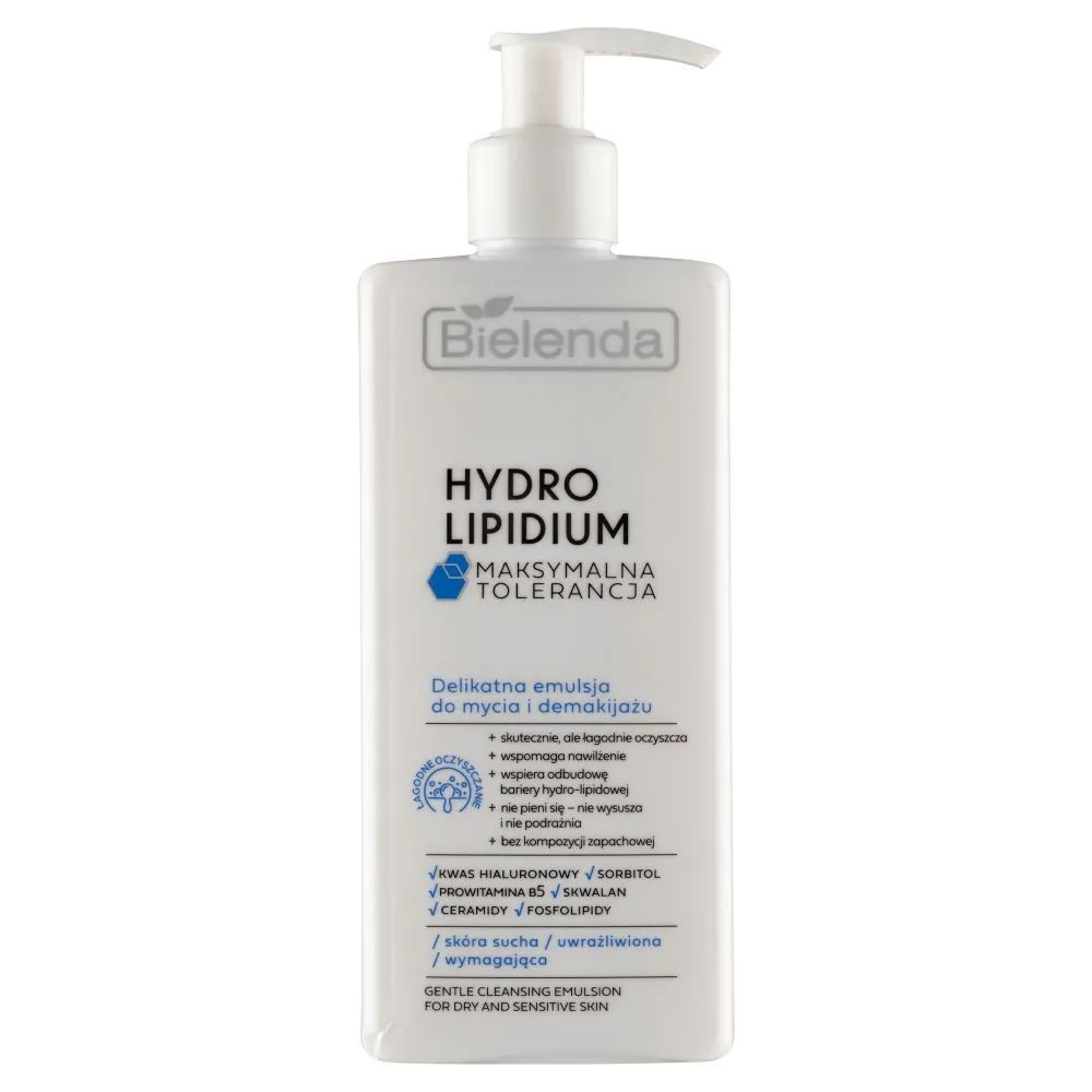 „Bielenda Hydro Lipidium Maximum Tolerance“ švelni valomoji ir makiažo valymo emulsija.