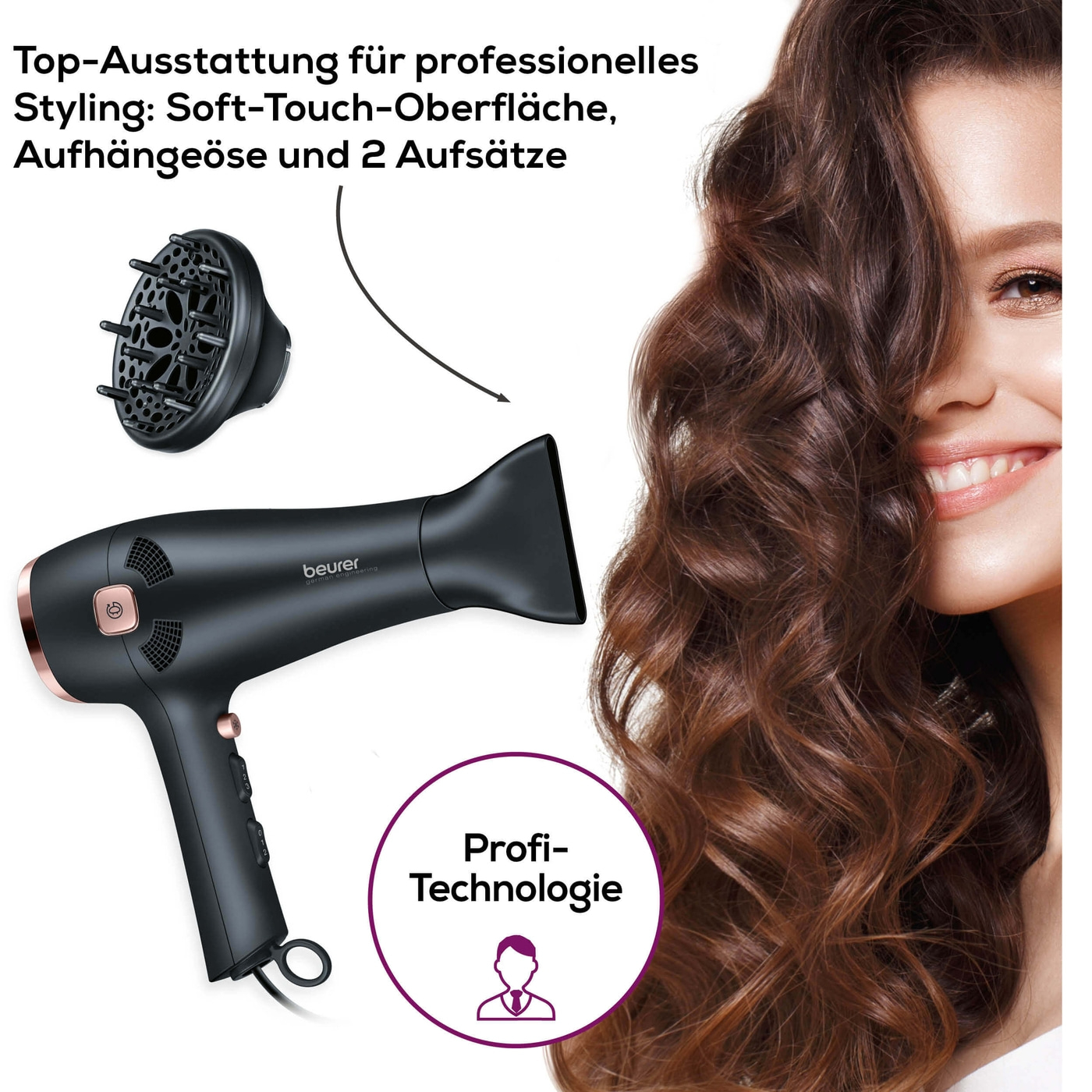 Beurer Haartrockner - HC 55-Haartrockner mit 2 Aufsätzen & praktischem Kabeleinzug
