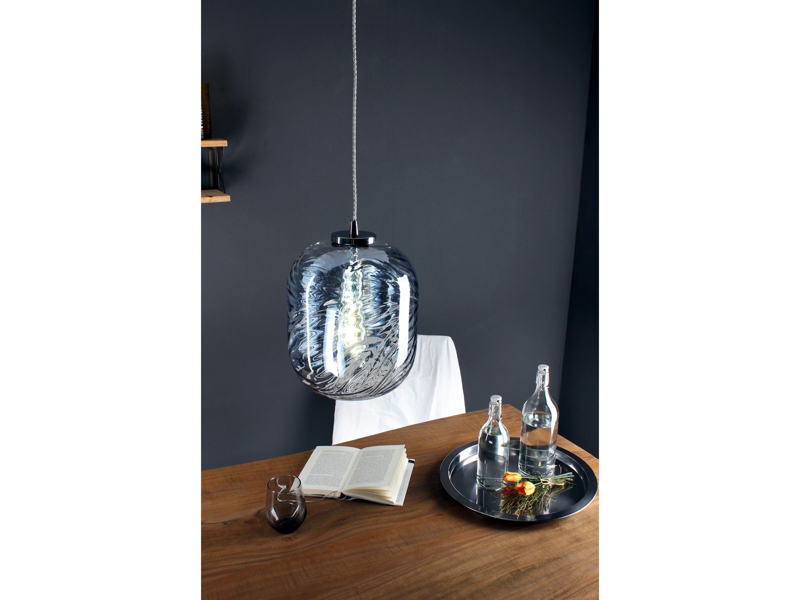 meineWunschleuchte LED Pendelleuchte, Dimmfunktion, LED wechselbar, Warmweiß, Designer Rauch-glas Lampenschirm für über-n Esstisch hängend, Blau