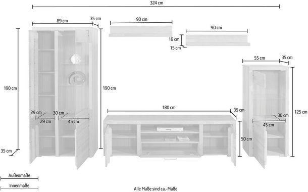 Woltra Wohnwand Falco, (Set, 4-St., 5), Fronten aus Massivholz