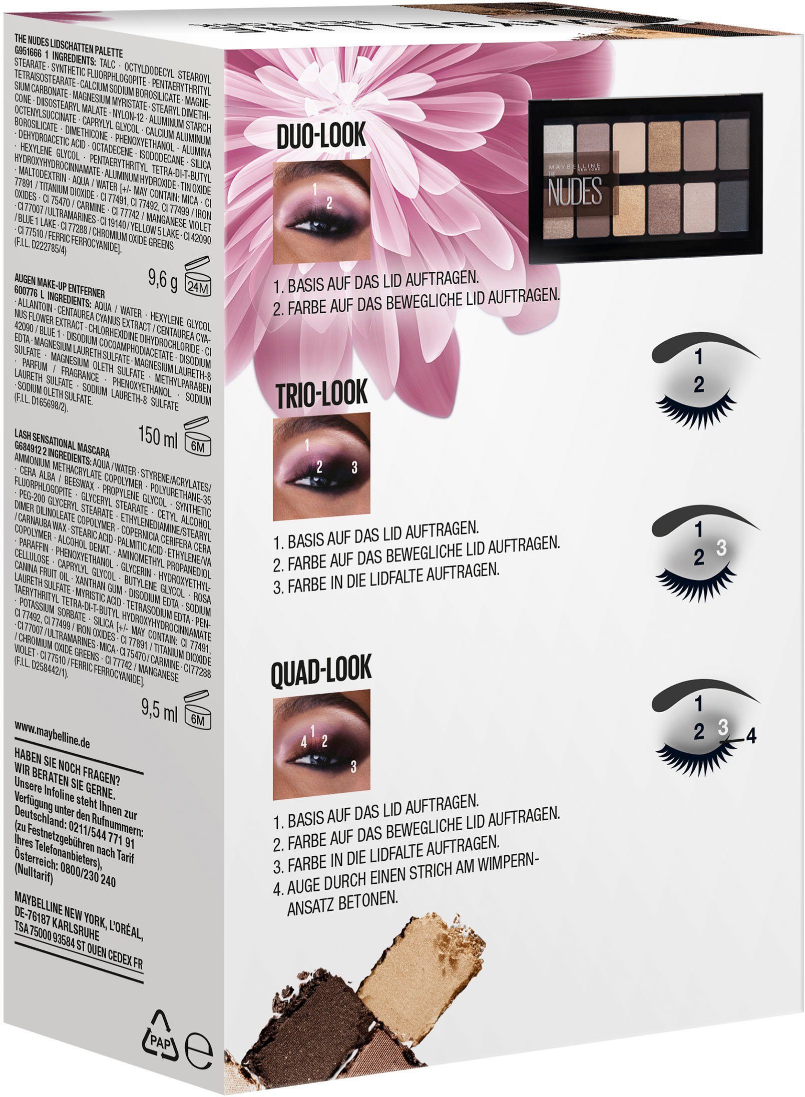 MAYBELLINE NEW YORK Schmink-Set Maybelline New York Trio Kit Augen Make-Up Set, 3-tlg., Mascara, Lidschatten Palette, Augen-Up-Entferner, definierend