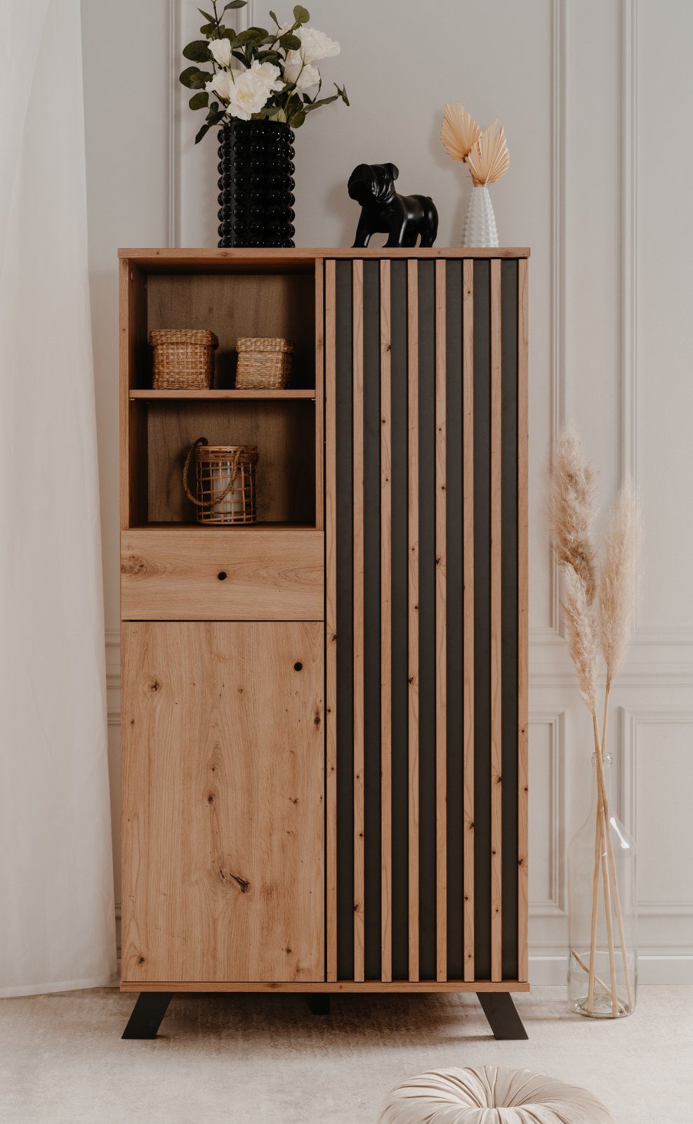 Finori Highboard Madem (Schrank in Artisan Eiche Dekor, 80 x 156 cm), mit Holzlamellen