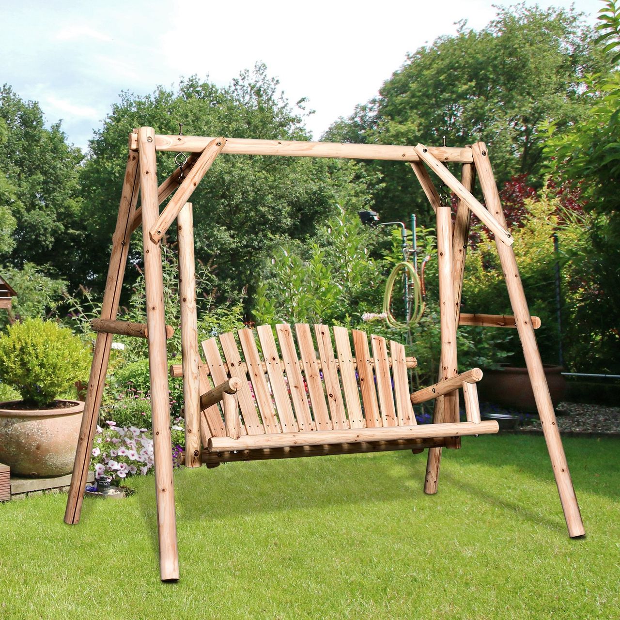 Outsunny Hollywoodschaukel Gartenschaukel 2-Sitzer Schaukelbank Massivholz Natur