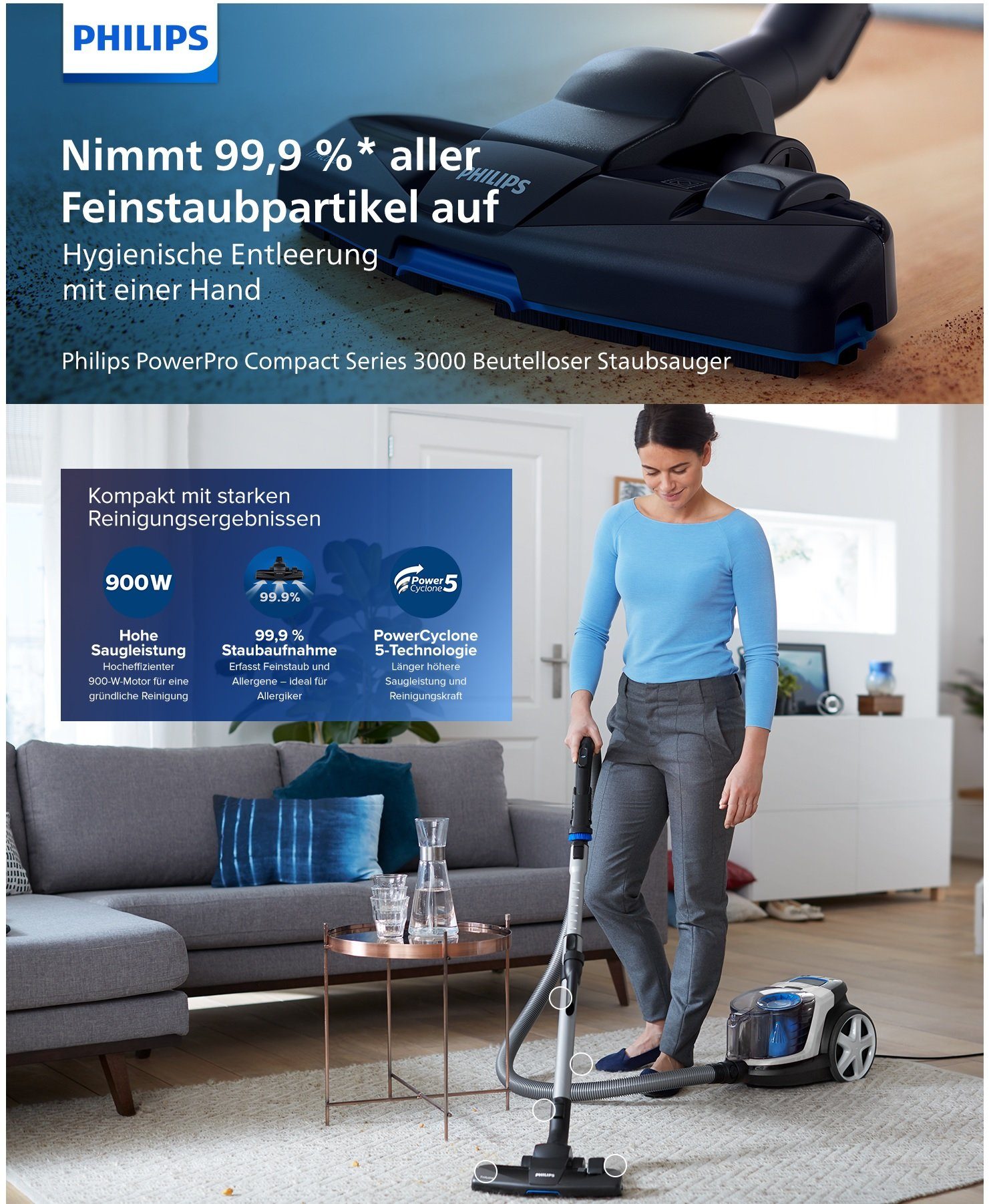 Philips Zyklon Hybrid Staubsauger Zyklon Staubsauger Zyklonstaubsauger extra stark Bodensauger, 650,00 W, Beutellos, Beutelloser Sauger, leise, 1,5 L Fassungsvermögen, Bodenstaubsauger