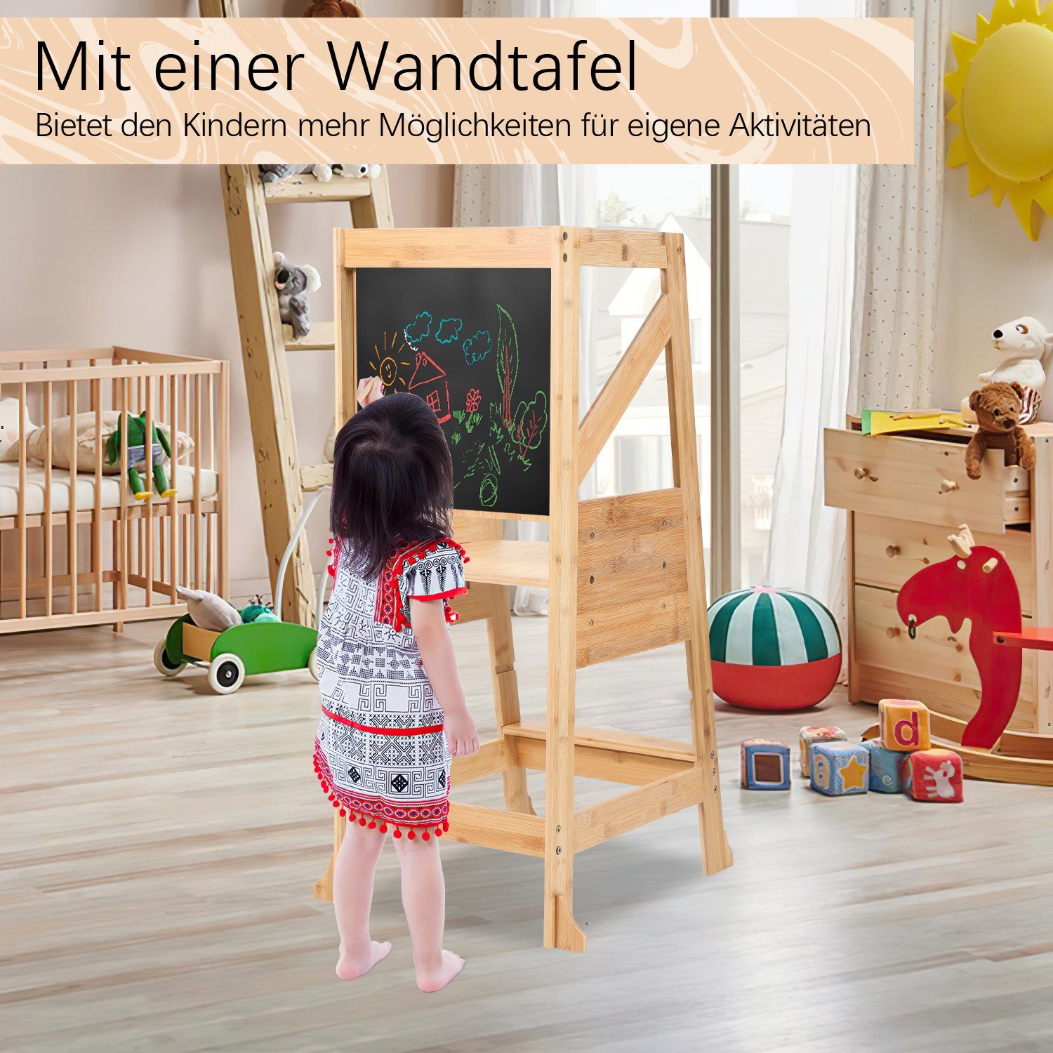 Yakimz Stehhilfe Lernturm für Baby Kindertisch Tritthocker mit Tafel Küchenhelfer