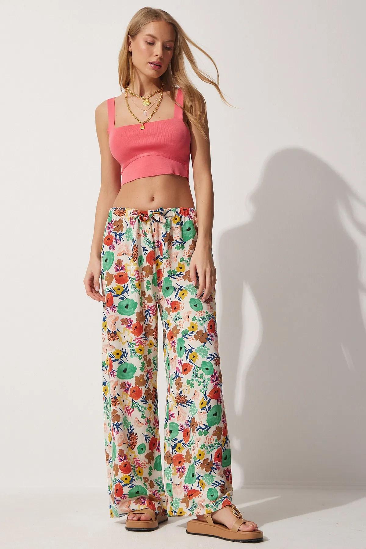 Happiness İstanbul  Damen-Palazzo-Hose aus Leinen in Beige und Grün mit Blumenmuster BH00385