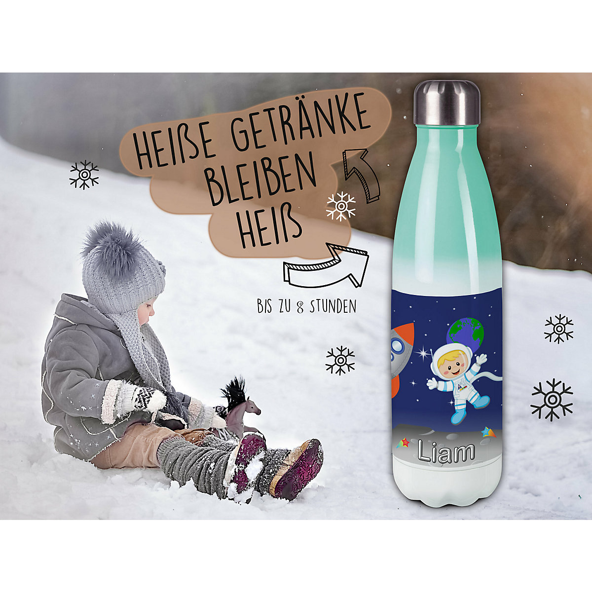 Edelstahl Kinder Thermoflasche / Trinkflasche bunt Weltall Spülmaschinenfest, Auslaufsicher, Bruchfest, Doppelwandig, Für Heißgetränke geeignet, Mit Deckel, Isoliert