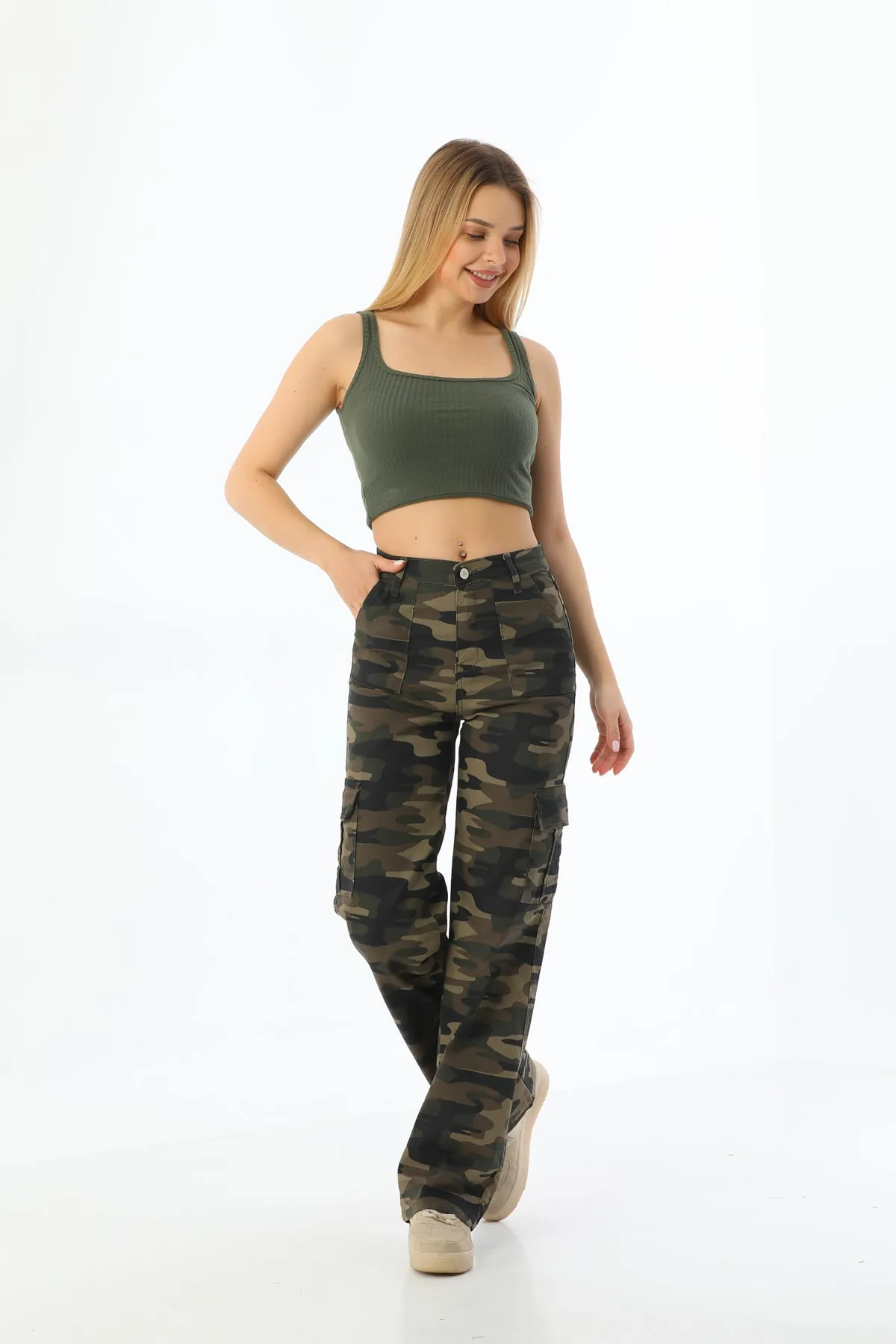 BİKELİFE  Camouflage-Hose mit weitem Bein und Cargotasche aus Lycra mit hoher Taille