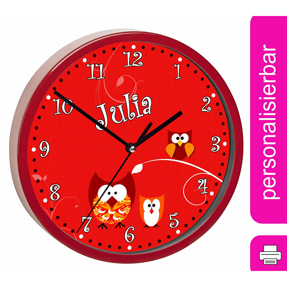 Kinder Wanduhr personalisiert mit Name Eule Rot