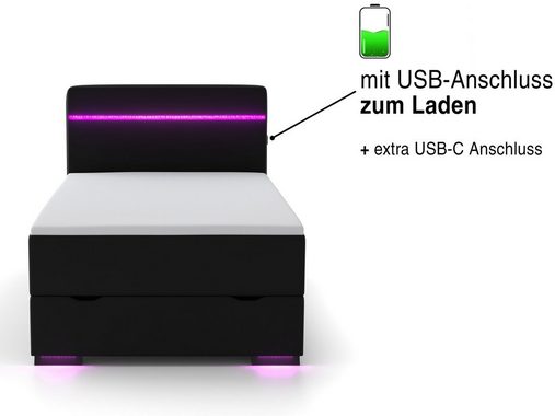 wonello Boxspringbett Ontario, mit Bettkasten, LED-Beleuchtung, 2x USB-Anschluss und Topper