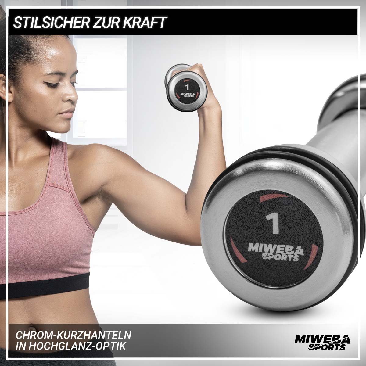 Miweba Sports Hantel-Set Profi Chrom Gymnastik Hantel Set - 8 Gewichtsklassen, (1 kg - 2 kg - 3 kg - 4 kg - 5 kg - 6 kg - 8 kg -10 kg - Stahl - Hochglanz-Optik - bodenschonend - schwarz / silber - Fitnesshanteln - Krafttraining - Sport - Workout - Tr