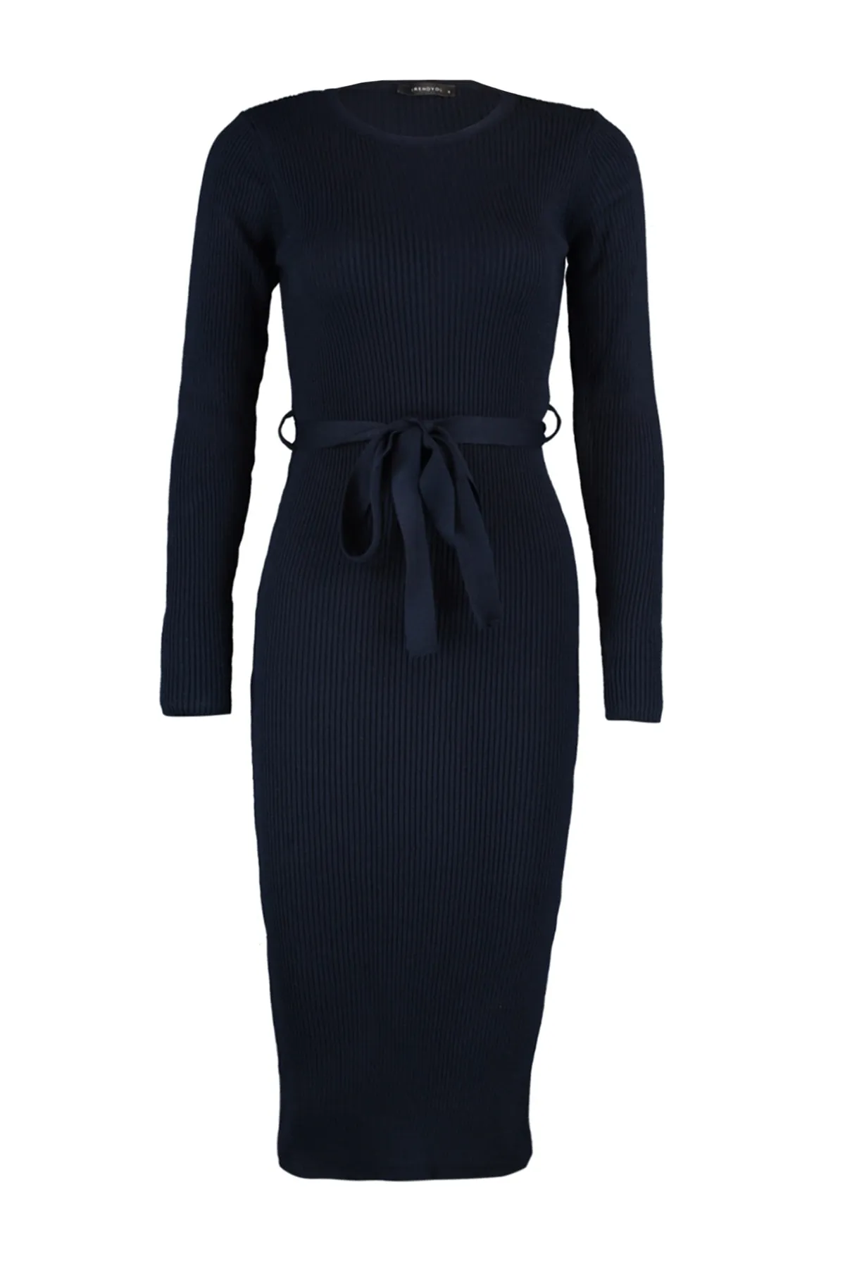 Trendyol Collection  Marineblaues, dunkelblaues, tailliertes Midi-Strickkleid mit Gürtel TWOAW22EL0009 Kleid TWOAW22EL0009