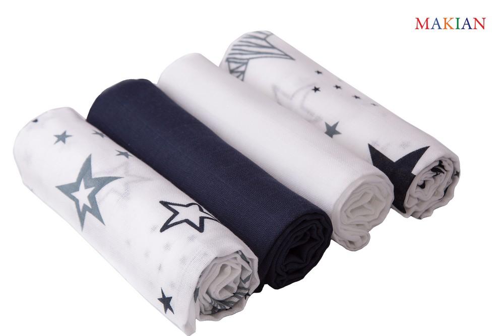 Makian Mullwindeln, 4er Set, Design Sterne/blau, 80x80cm
