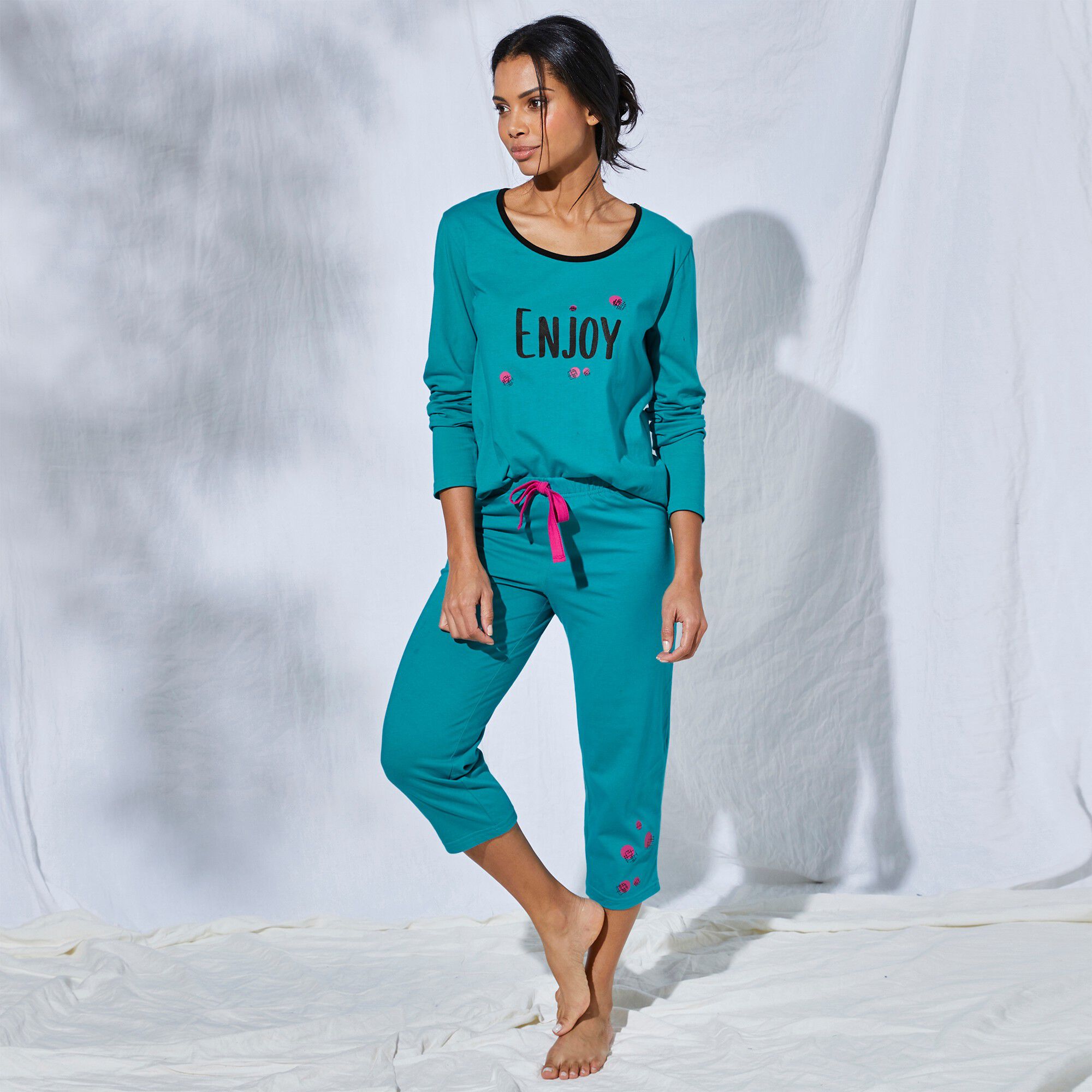 Tee-shirt manches longues coton uni imprimé placé 