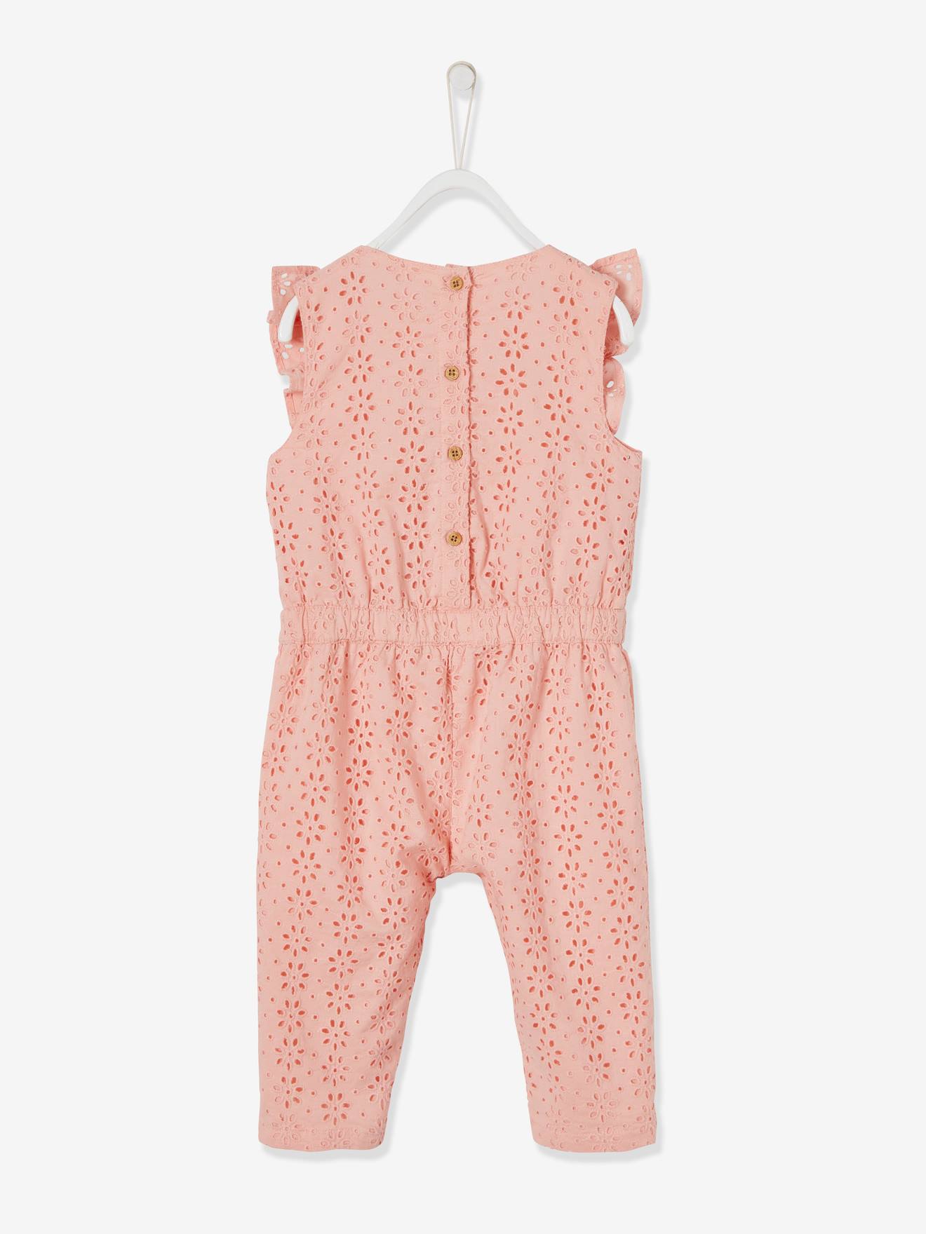 Combinaison volantée en broderie anglaise bébé fille rose pâle