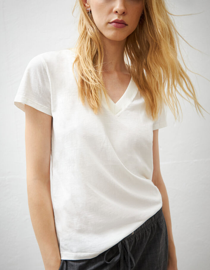 Tee-shirt blanc cassé en coton éclair brodé manche femme