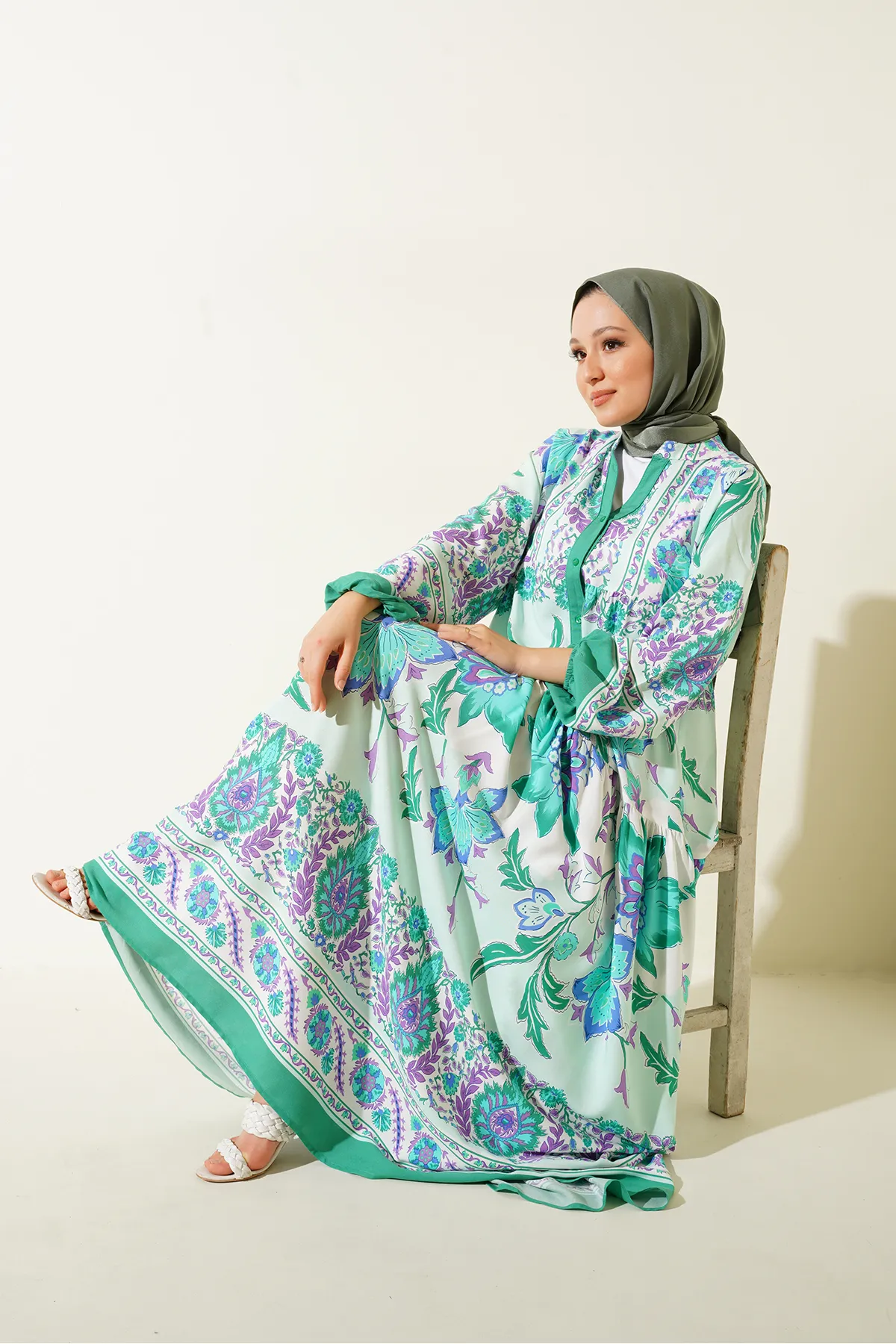Bigdart  2423 Authentisches gemustertes Hijab-Kleid – D. Mint