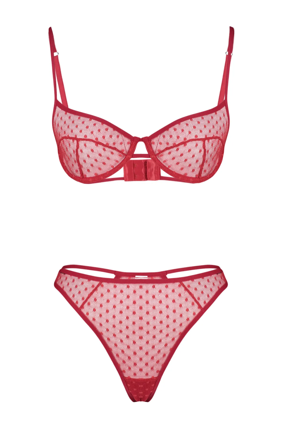 Trendyol Collection  Rotes Dessous-Set aus Spitze mit gepunkteten Seilträgern und kappenlosem Strick THMSS24CC00018