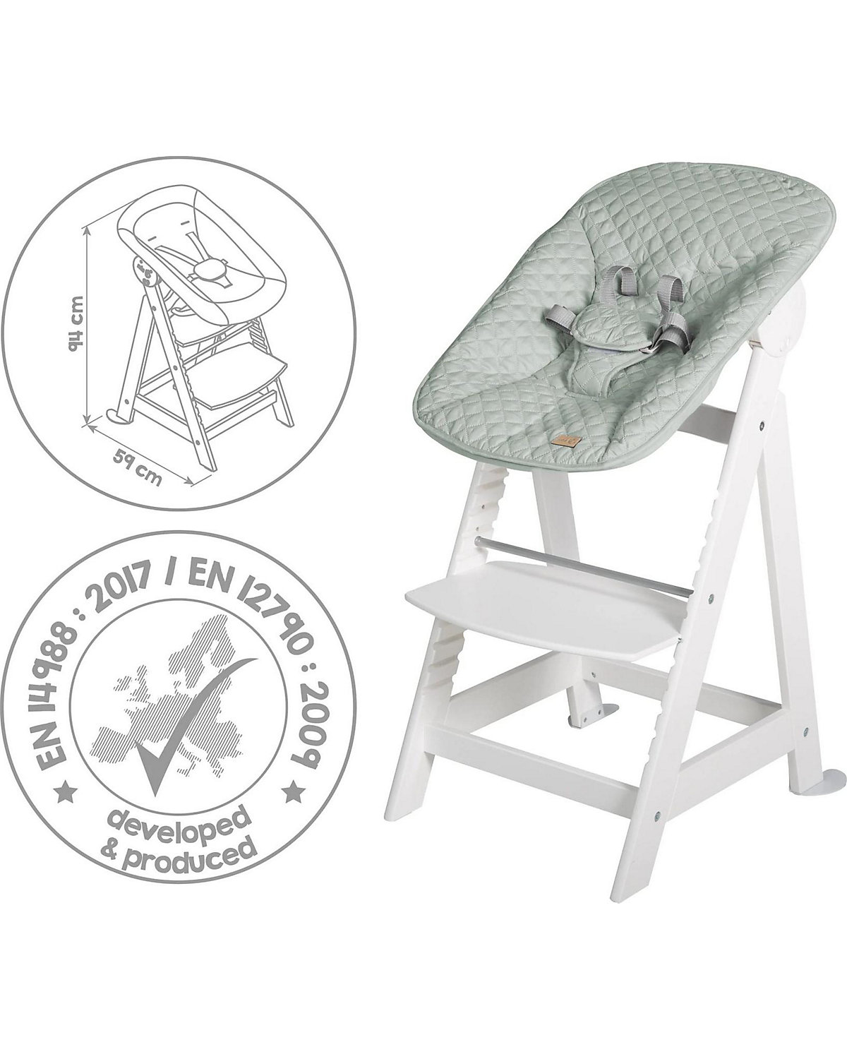 Treppenhochstuhl 'Born Up' Set 2in1, weiß, mit Liegefunktion/ -aufsatz 'roba Style' frosty green