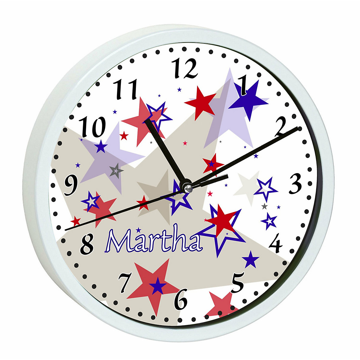 Kinder Wanduhr laufruhig personalisiert mit Name Sternenhimmel Rot Blau Grau