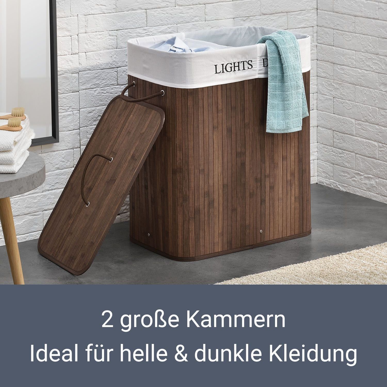 Juskys Wäschekorb Curly 100 L, 100 l, 2 große Fächer, mit Tragegriffe, Deckel, Wäschesack waschbar