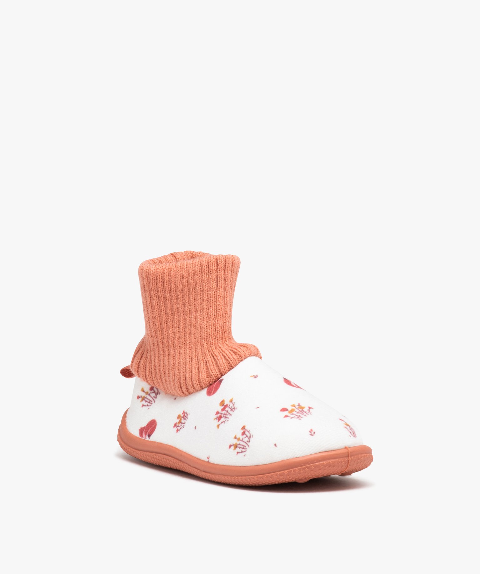 Chaussons fille en velours ras à motifs et col chaussette beige | GEMO