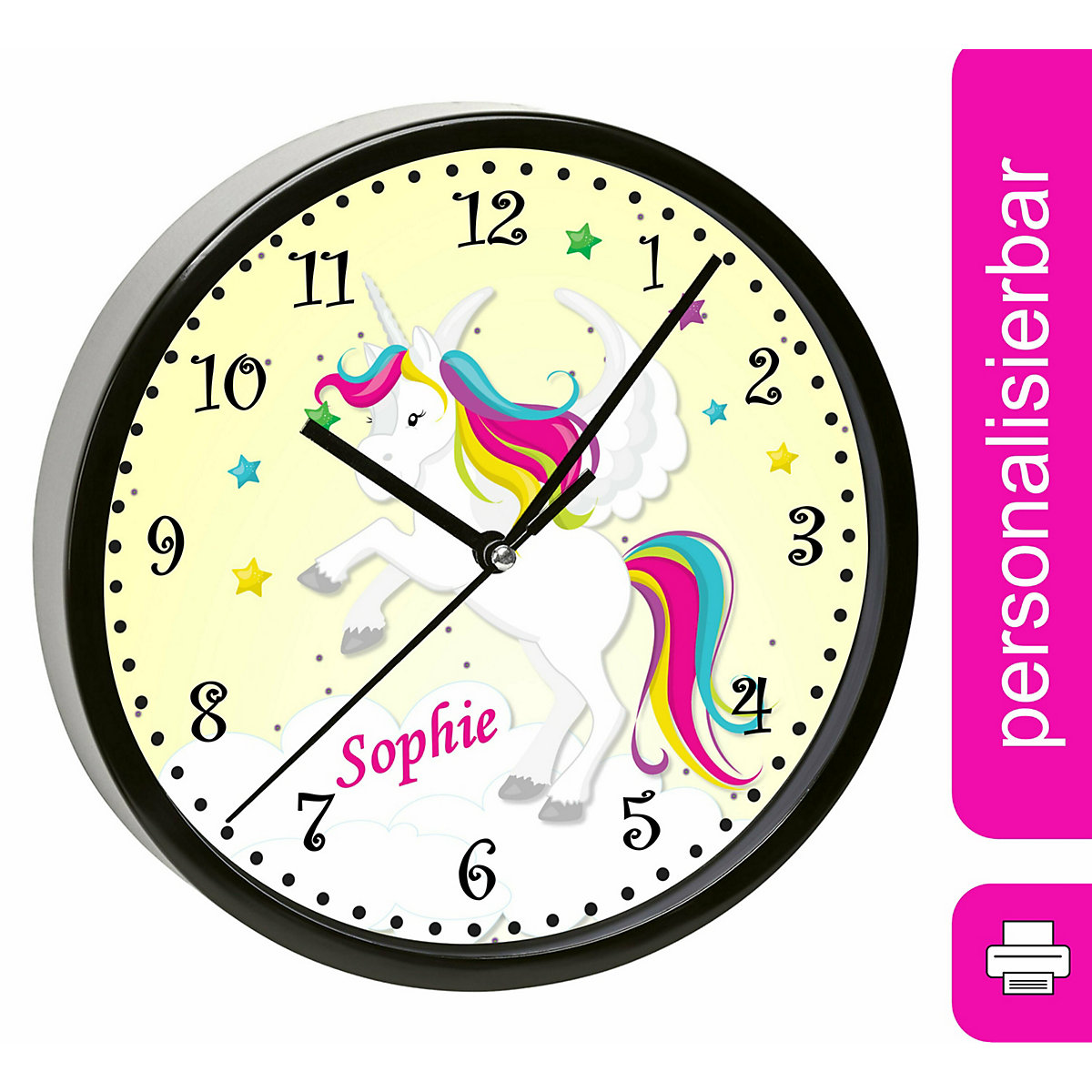 Kinder Wanduhr personalisiert mit Name Pegasus Gelb