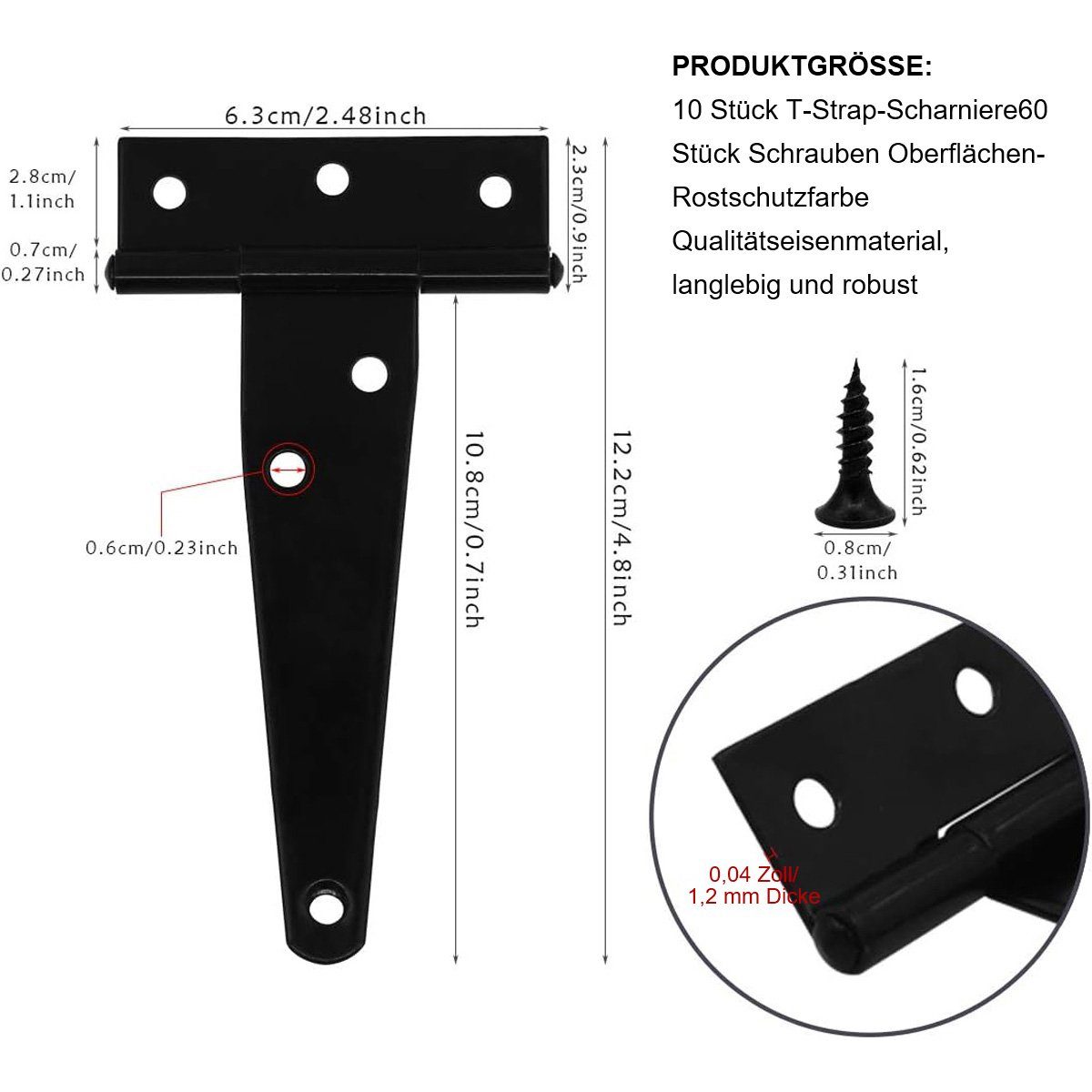 götäzer Möbelbeschlag 10er-Pack 4-Zoll-T-Scharnier-Türscharniere (1 St), Schwarzes, schmiedeeisernes Rostschutzband, 60 schwarze Schrauben