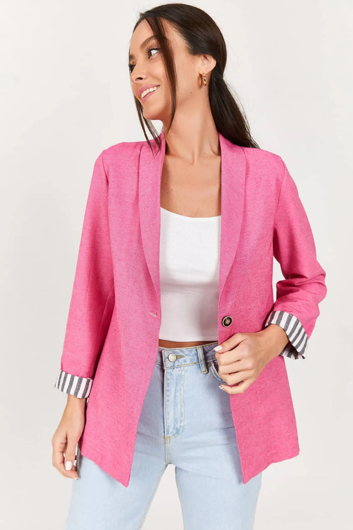 armonika  Gestreifte Jacke mit einem Knopf für Damen in Fuchsia-Ärmeln, ARM-22K001122