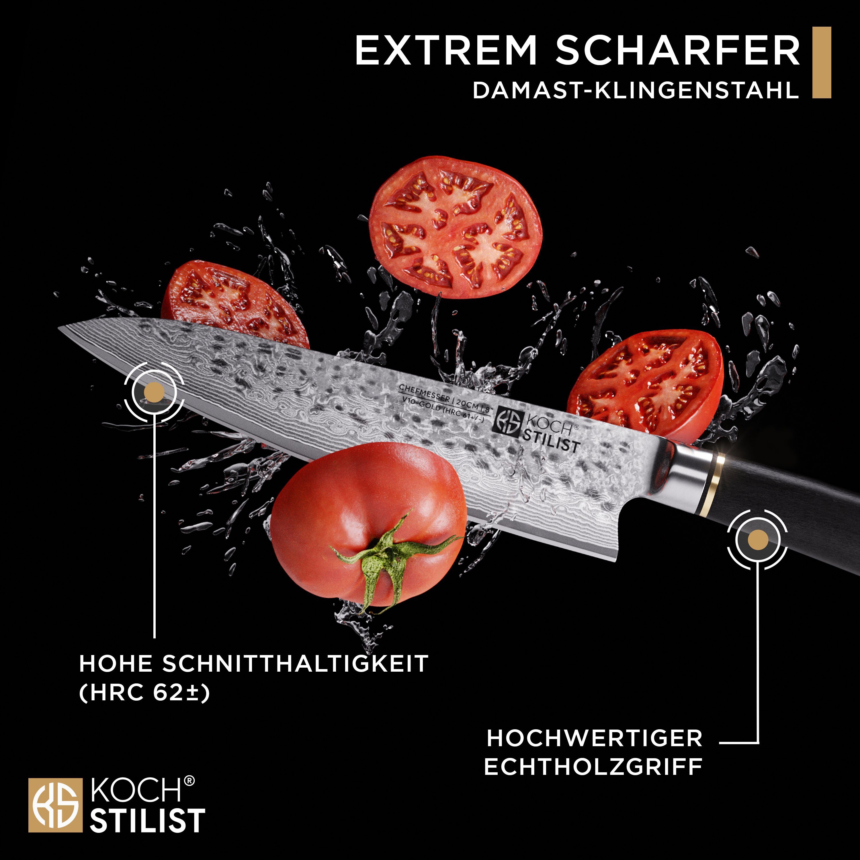 KOCHSTILIST by Kris Wu Damastmesser scharf, 20 cm - Messer, Damast, Chef, Japan, Kochmesser, Küchenmesser, Damaszener Stahl (67-Lagen)