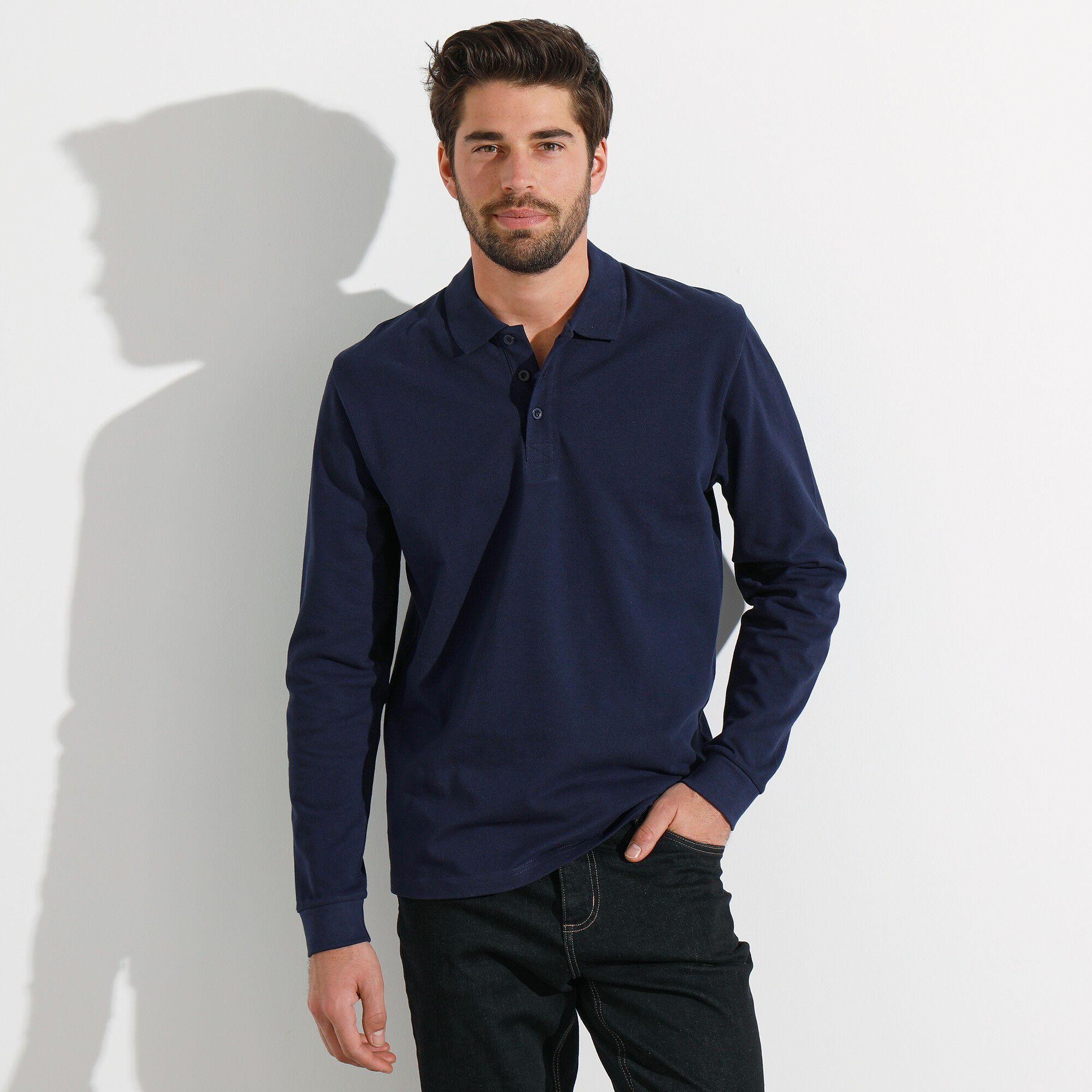 Polo uni maille piquée manches longues