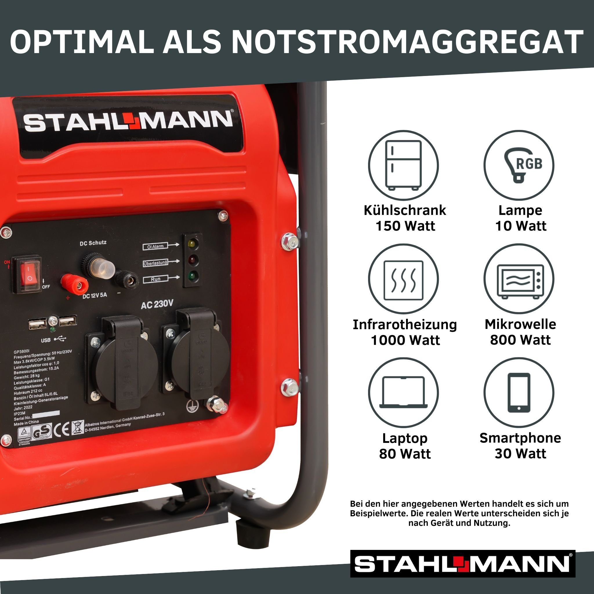 Stahlmann Stromerzeuger Stahlmann Inverter Stromerzeuger Stromgenerator GP2500I, 2500 Watt, Notstromaggregat Benzin - leise und kraftvoll, Stromaggregat oder Generator optimal für Hausversorgung, 2.5 in kW, (1x Stahlmann Stromerzeuger GP2500I), 2500W